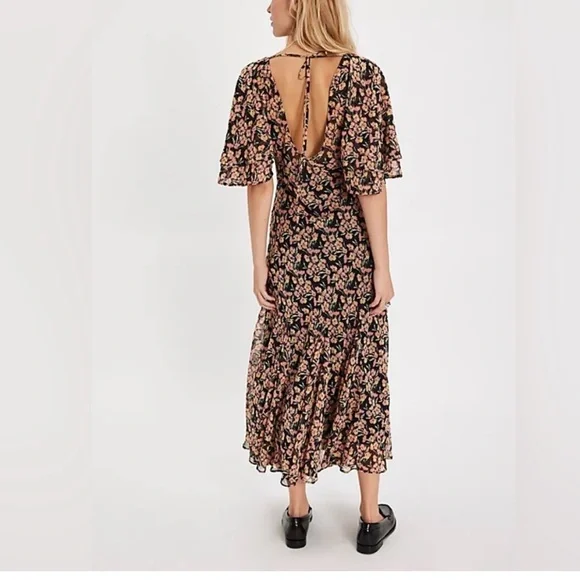 NEW Free People Elisandra Midi Dress Floral Black Pink Yellow Bell Sleeves Small - Picture 2 of 6